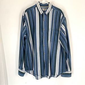 River Trader Mens Large Button Down L/S Blue, Ivory and Green Striped Shirt